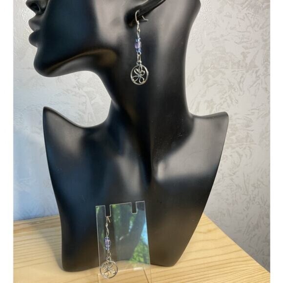 Silver Tone Blue Beaded Flower Drop Dangle Earrings - Picture 2 of 4